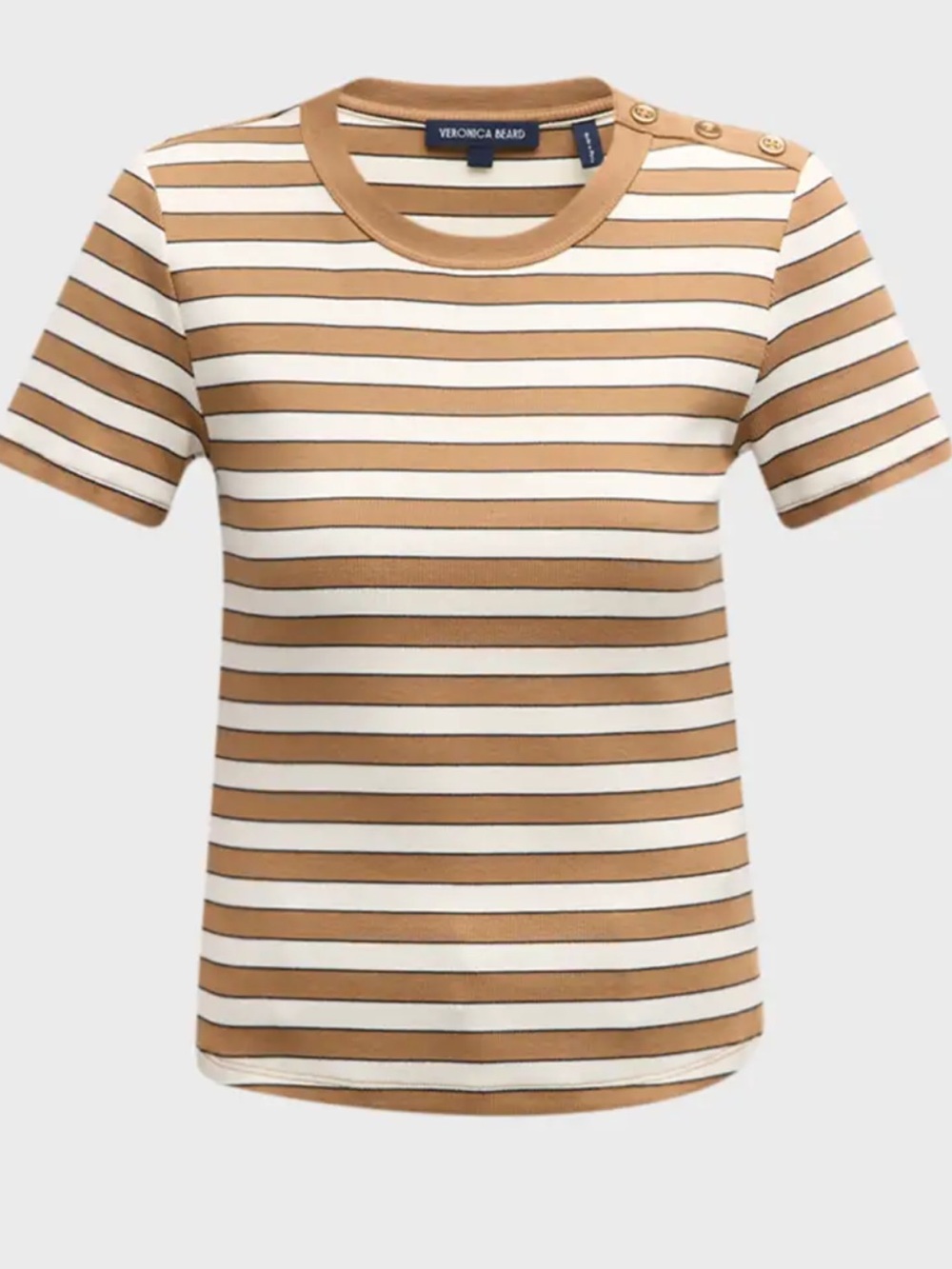 Veronica Beard Draya Tan & White Striped Short Sleeve button tee